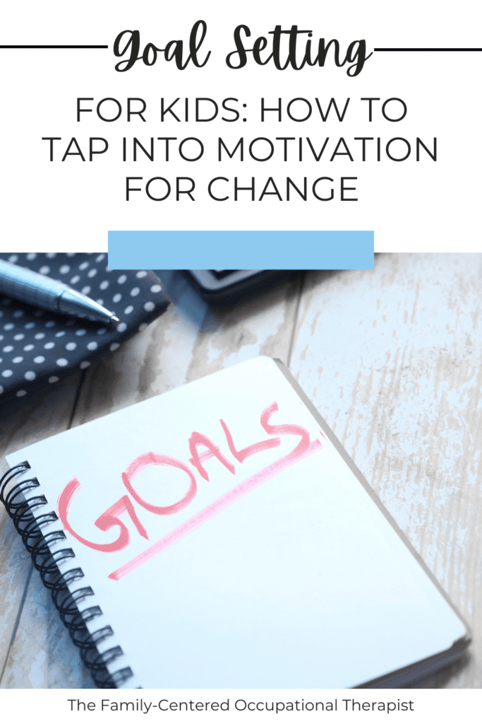 pinterest cover photo pin with the title of the post embedded. Center of the image has a notebook with "GOALS" written in all caps and underlined in red