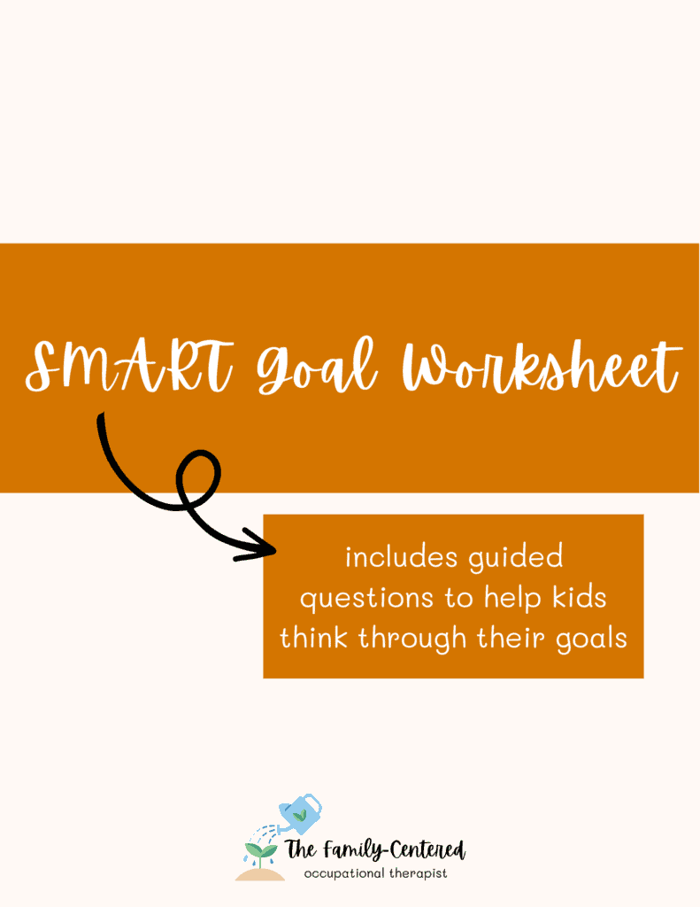 cover photo of teacher's pay teachers free resource. Salmon background with burnt orange accents, the cover reads "SMART goal worksheet: includes guided questions to help kids think through their goals"