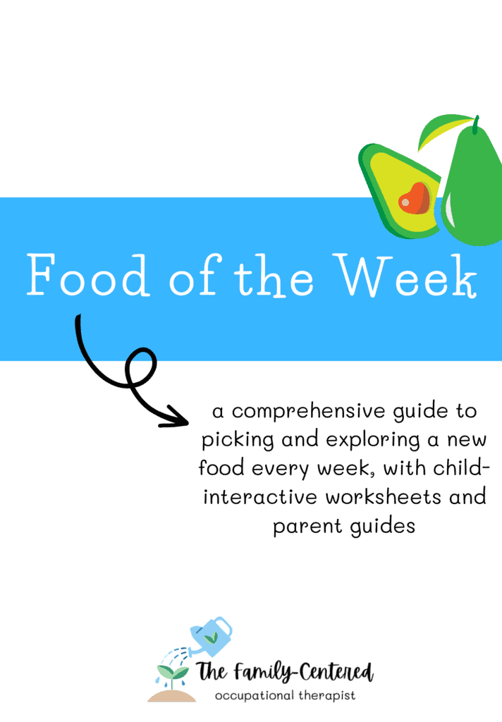 a cover photo featuring a blue stripe across the middle with an avocado. The main text reads "food of the week". The subtext reads "a comprehensive guide to picking and exploring a new food every week, with child-interactive worksheets and parent guides"