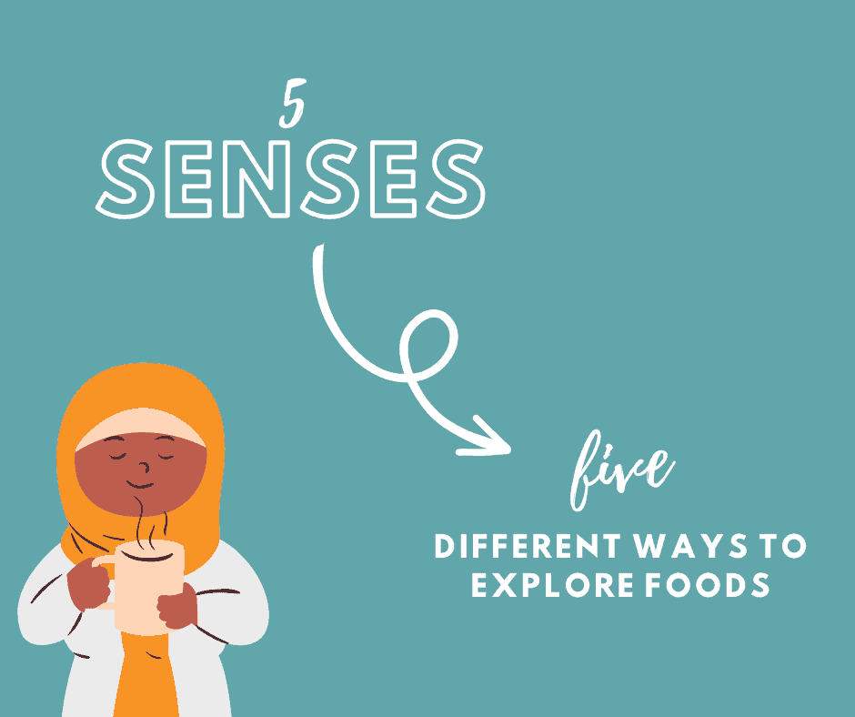 a turquoise background features a woman wearing a hijab and smelling a cup of coffee with a smile on her face. The text on the image reads "5 senses" arrow "five different ways to explore foods"